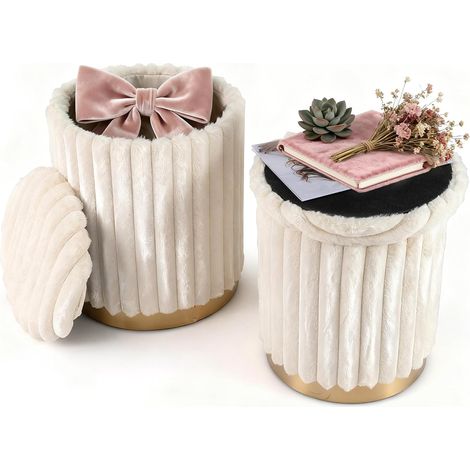 COSTWAY Set di 2 Pouf Contenitori Rotondi, 32L + 21L, Poggiapiedi in Pelo di Coniglio con Coperchi Rimovibili e Scomparti Nascosti, Sgabelli Imbottiti Impilabili per Soggiorno e Camera da Letto (1/5)