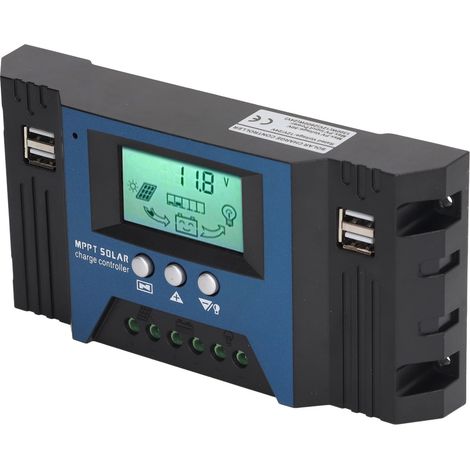 Régulateur de charge solaire 12 V/24 V avec 4 ports USB, 5 V, 2,5 A, paramètres réglables et écran LCD. Idéal pour la maison, le camping-car et les bateaux (100 A). (1/5)