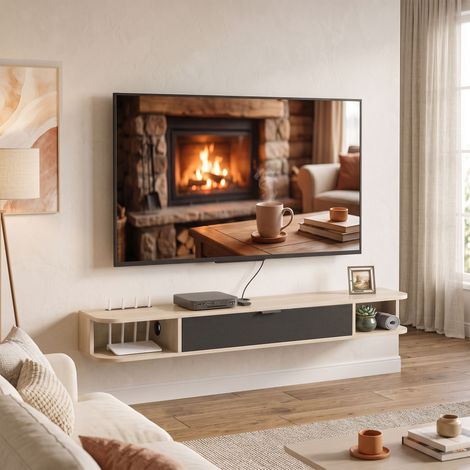 Meuble TV suspendu, meuble télé pour téléviseur jusqu'à 60 pouces, tiroir rabattable 2 étagères 140x24x16cm bois naturel (1/5)
