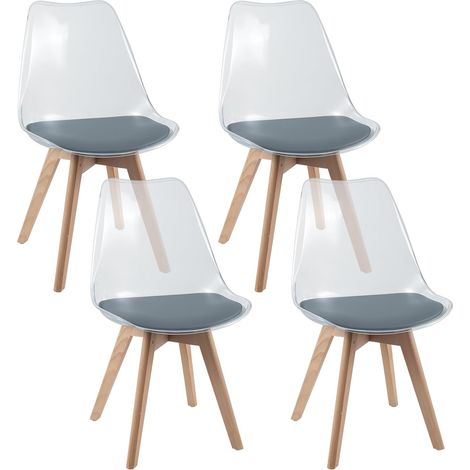 COSTWAY Lot de 4 Chaises de Salle à Manger Scandinave, Chaise Cuisine Transparente, Pieds Inclinés en Bois de Hêtre, Siège Rembourré en Simili Cuir, pour Cuisine, Salon (Gris Transparent)
