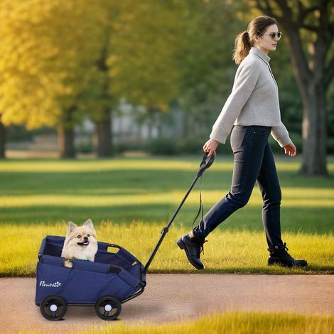Poussette 53x45x28 cm bleu pour animaux avec barre de poussée réglable, coussin ouvert et roues foncé