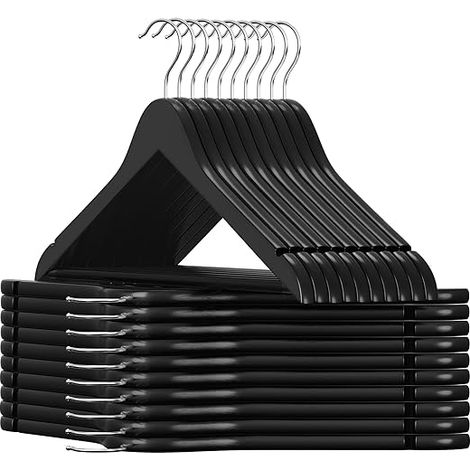 Cintre Bois, Lot de 20, avec Encoches Antiglisse, Barre Antiglisse pour Pantalons, Crochet Pivotant 360°, pour Costumes, Chemises, Manteaux, Noir et Argent (1/5)