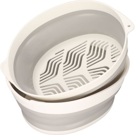 Panier égouttoir à double compartiment, pliable et portable, pour fruits et légumes, idéal pour la cuisine, les voyages et les activités de plein air. Gris et blanc, petit format. (1/5)