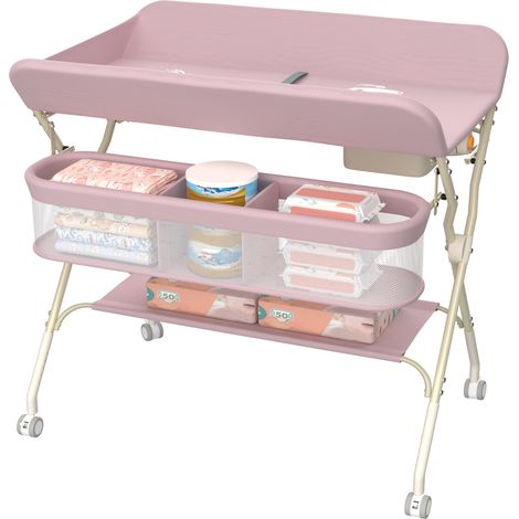 Table à Langer Pliante avec Panier de Rangement, Tables à langer avec 4 roulettes, Hauteur réglable, 75x68x83-91cm, rose (1/5)
