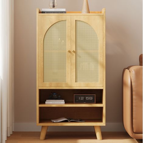 Buffet haut en panneaux de particules naturel avec 2 portes en rotin et 2 niches ouvertes, 60 x 40 x 121 cm (1/5)
