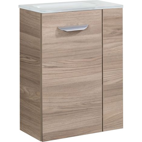 Fackelmann LUXOR SBC Gäste-WC Set 2 Teile – Waschtischunterschrank in Holz Braun mit Waschbecken aus Glas in Weiß – Waschbeckenunterschrank schmal – Türanschlag links – 45 cm breit"-"90076145 (1/4)