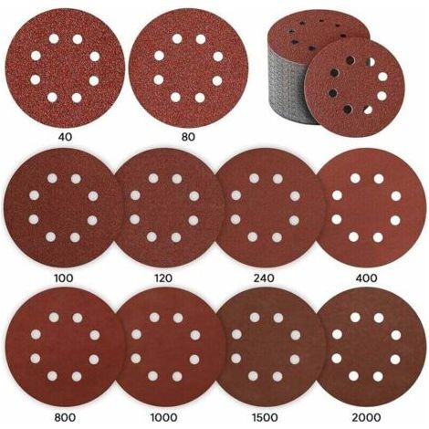 125-mm-Schleifscheiben, 80er-Packung, verschiedene Körnungen P40 bis P2000, 8 Staubabsaugöffnungen, für Holz, Metall und Kunststoff
