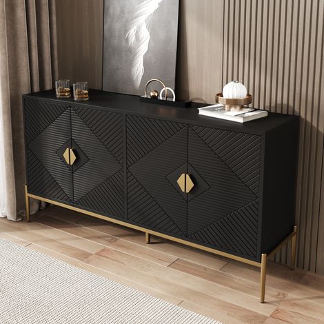 Credenza da cucina, mobile contenitore a 4 ante per soggiorno/ingresso, gambe con maniglia in metallo, MDF, 162x40x80cm, nero + oro (1/5)