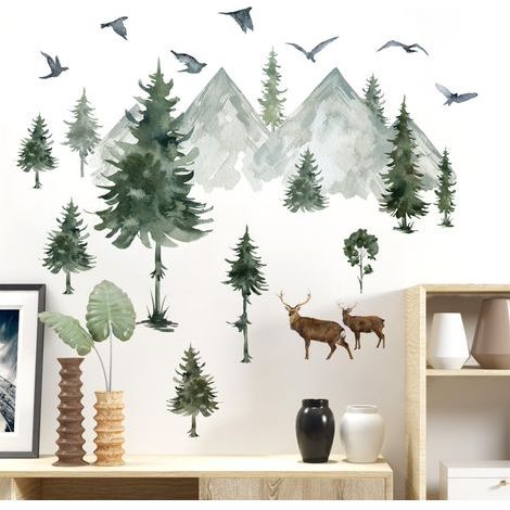 Lntyq Autocollants muraux en forme de montagne - Grand pin - À décoller et coller - Arbre de forêt, cerf, oiseaux, animaux - Pour chambre d'enfant (1/5)