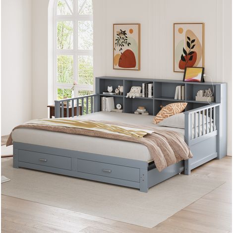 Sofá cama extensible 90x190 cm, 2 cajones y enchufe, gris, madera, sin colchón FloraGrace (1/5)