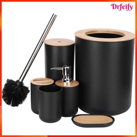 Accessoires de salle de bain - - Ensemble 6 pièces - Bambou & plastique - Noir - Poubelle, brosse, distributeur (1/5)