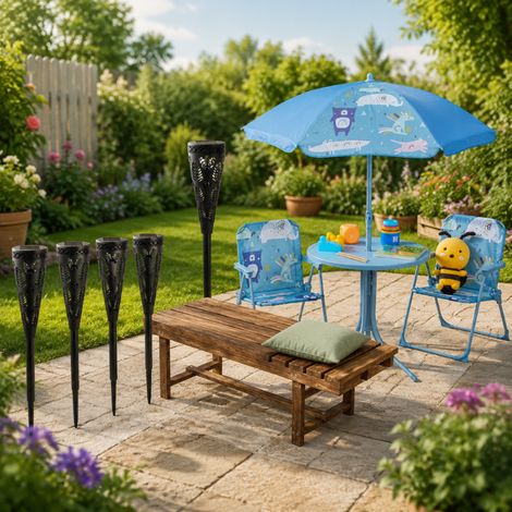 Ensemble de mobilier de jardin familial (3 pièces) – Ensemble de camping pour enfants, banc en sapin 2 places et lampe torche solaire (1/5)