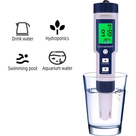 Testeur de qualité de l'eau 5 en 1 : analyseur numérique, détecteur de pH, TDS, CE, température et salinité, étanchéité IP67, écran rétroéclairé. (1/3)
