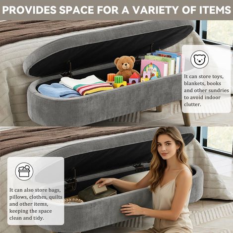 Banc rangement 110x40x42cm tissu chenille,pieds bois,20L de capacité. Multifonction pour chambre,salon et couloir gris foncé.
