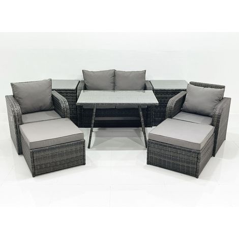 Fimous Gartenmöbel-Set Rattan Sofa Esstisch Set mit Liegestühle 2 hohen Hockern 2 Beistelltischen Dunkelgrau Gemischt (1/5)