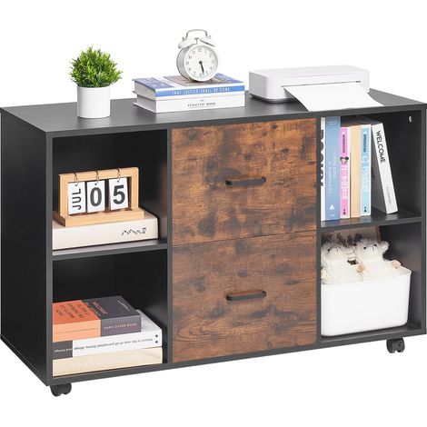 VEVOR Mobiletto Portadocumenti in Legno a 2 Cassetti, Mobiletto Mobile con Ripiani Aperti, Ruote Bloccabili, Supporto per Stampante Moderno e Indipendente per Casa, Ufficio, Scuola, Nero