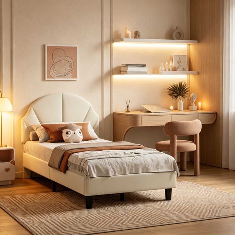 Cama infantil 90x200 cm – Beige – Terciopelo – Cabecero regulable en altura – Estructura metálica – Cabecero acolchado – Somier de láminas reforzado