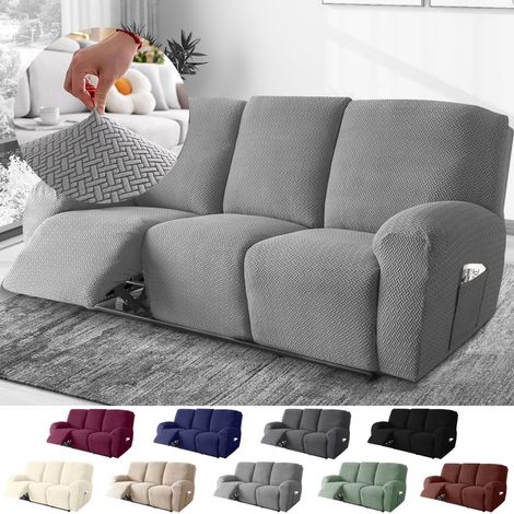 3-Sitzer Sessel Überzug, Sesselbezuge Stretch mit Taschen, All-Inclusive Streifen-Jacquard Sesselschoner für Fernsehsessel Relaxsessel Sesselhusse (Hellgrau, 8-Teilig)
