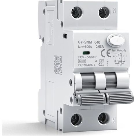 Disjoncteur différentiel 30mA 40A 1P+N Type A interrupteur différentiel RCBO 6kA MCB disjoncteurs de courant résiduel AC230V Protection contre les surcharges et les courts circuits GYR9NM