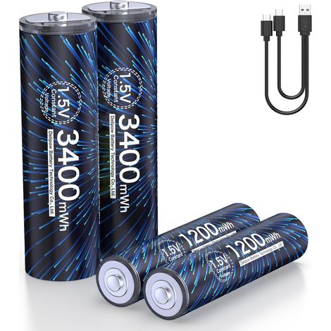 2 Piles Rechargeables AA et AAA Lithium, USB-C, 1,5V, 3400/1200mWh (1/5)