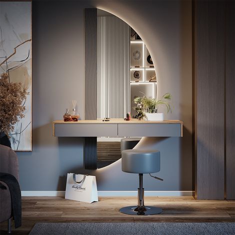 Tavolo da toeletta Melisa, Grigio, 120 cm con illuminazione e sgabello, Vicco