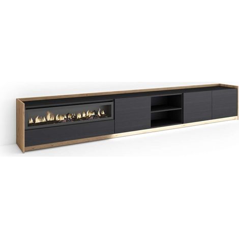 Mueble TV Casares-02 de 310x50x37 cm con chimenea y luces LED, color negro y roble (1/4)