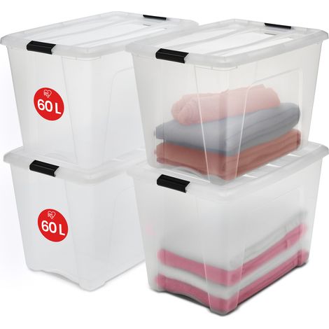 Iris Ohyama, Kunststoff-Aufbewahrungsboxen mit Deckel, 60L, 4er-Set, transparent, NTB-60