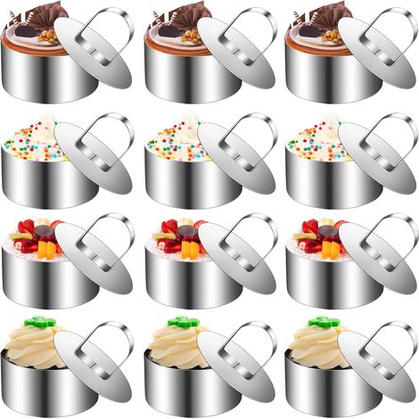 Cercle a Patisserie, Ronde Cercle Patisserie 8 cm en Acier Inoxydable avec Poussoir, Anneaux à Dessert, Moules à Mousse pour Dessert Gâteau Poussoir (12Pcs) (1/5)