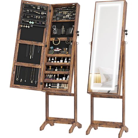 Armario joyero con luz LED, organizador de joyas con cerradura y espejo de cuerpo entero para dormitorio o vestidor, color marrón rústico