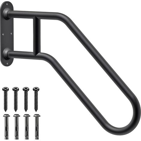 Rampe d'escalier robuste antidérapante pour extérieur 1 à 4 marches - Barre d'appui murale - Poignée de sécurité en forme de U pour garage, porche, jardin (diamètre tuyau de 3,3 cm, noir) (1/5)