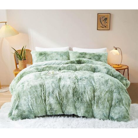 Parure de lit d'hiver 135 x 200 cm - en Peluche - Poils Longs - en Flanelle - Vert et Blanc - avec Housse de Couette et 1 taie d'oreiller de 80 x 80 cm - avec Fermeture éclair (1/5)