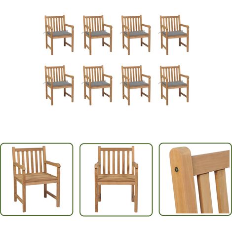 The Living Store Gartenstühle 8 Stk. mit Grauen Kissen Massivholz Teak - Gartenstühle - Teakholz Gartenmöbel - Outdoor Möbel - Garten Dekoration - Landhausstil (1/5)
