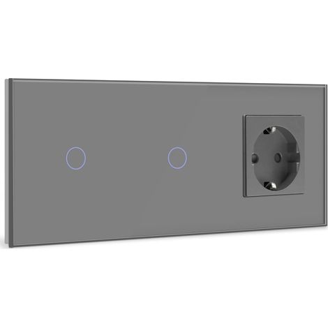 Interrupteur tactile avec prise - Double 1 compartiment - 1 voie - Interrupteur mural avec une prise - Interrupteur tactile avec cadre en verre - 228 mm - Gris - 500 W (1/5)