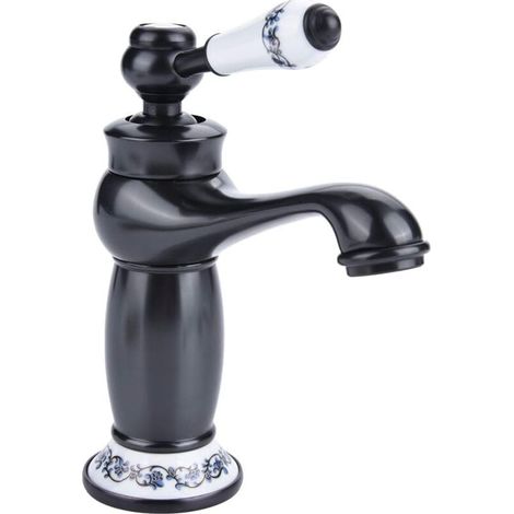 Céramique Antique en Laiton Robinet De La Salle De Bains Évier Robinet Bleu Et Blanc en Porcelaine À Long Cou Vintage Robinet De Lavabo Mitigeur Cuisine Robinet d'eau Froide/Chaude De Robinet(Noir) (1/4)