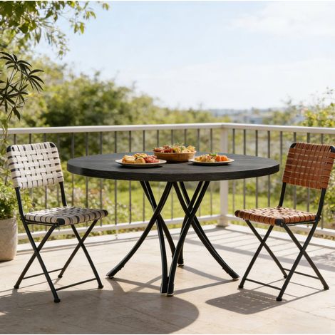 Table ronde 120 cm noire avec pieds croisés, design compact pour 4–6 personnes (1/5)