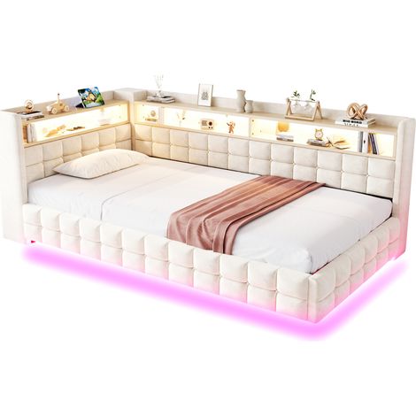 CHICFURN Sofá cama tapizado 90 x 200 cm beige, con almacenaje hidráulico, estantes laterales, LED, enchufe, USB y USB-C, somier de láminas (1/5)