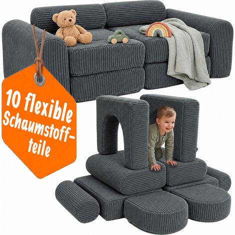 Relaxdays Kinder-Spielsofa, modular, 10-tlg., weiche Bausteine, Kindercouch, Cord, HBT: 32x108x50 cm, Spielcouch, grau