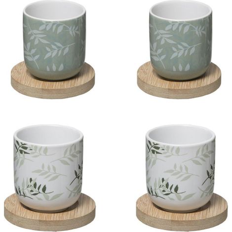Coffret de 8 pièces : 4 Tasses àcafé en Faïence avec Sous-tasses en Bambou - Design Équilibre Vert et Blanc, Capacité 13 cl - Livraison Gratuite