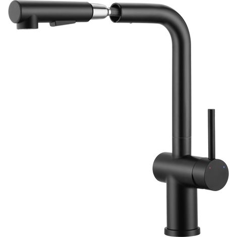 Robinet de cuisine basse pression rotatif à 360° avec 3 raccords pour chaudière, robinet de cuisine, douchette extensible avec 2 types de jet, mitigeur en acier inoxydable, noir (1/5)