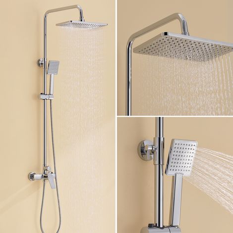 Auralum Columna de ducha Cromo, 2 Funciones Conjunto de Ducha con Ducha de lluvia cuadrada 292x190mm y Teleducha, con boquillas anticalcáreas, Altura Ajustable 900-1240MM