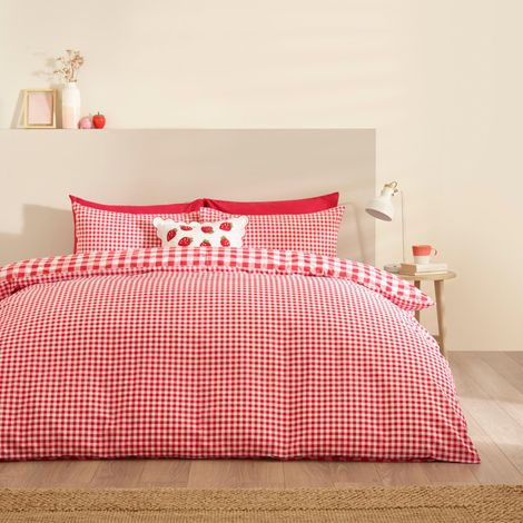 Parure de lit réversible avec Housse de Couette et taie d'oreiller Motif Vichy Rouge (1/4)