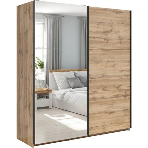 Armoire placard à 2 portes coulissantes dont 1 porte avec miroir coloris Chêne wotan - Longueur 183 x Profondeur 60 x Hauteur 195,5 cm (1/5)