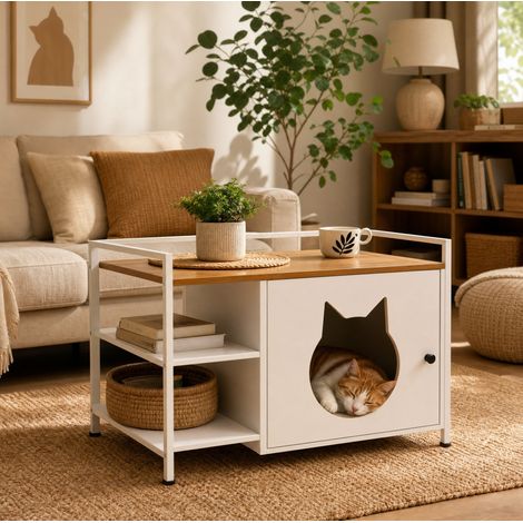 CHICFURN Mueble arenero para gatos con hueco de cabeza de gato, mesa auxiliar con 2 estantes y espacio de almacenaje, ideal para salón y dormitorio, blanco y madera clara (1/5)