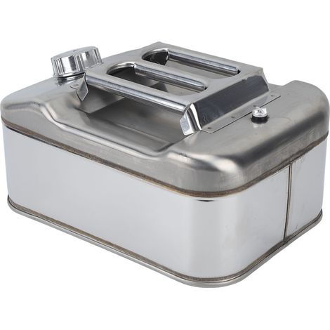 Bidon d'essence argenté de 10 litres (2,6 gallons) en acier inoxydable, idéal pour les voitures, les tondeuses et les tronçonneuses. (1/5)