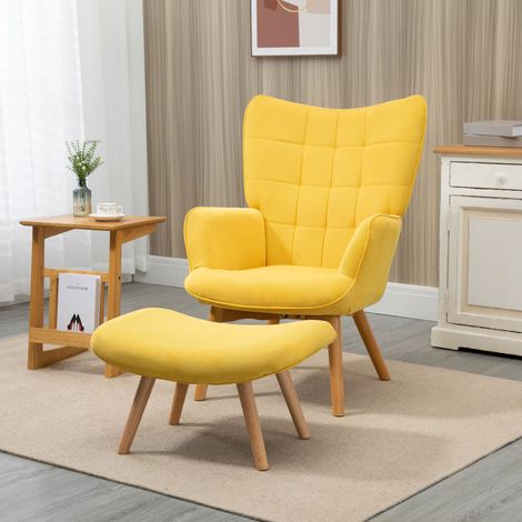 Fauteuil relax avec repose-pieds 72x80x101 cm jaune en polyester avec pieds en bois et dossier à oreilles (1/5)