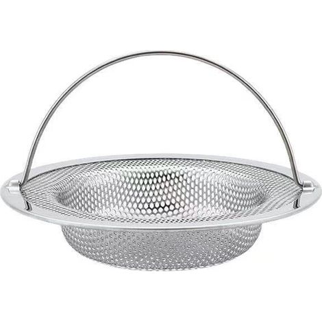 Piletta per lavello in acciaio inox con maniglia, anti-intasamento, diametro esterno 11 cm, diametro interno 8 cm, altezza 2 cm.