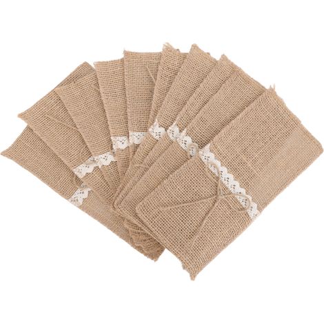 Lot de 20 porte-ustensiles de table en toile de jute avec décoration en dentelle, pochette à couverts en dentelle pour mariages, anniversaires et réceptions champêtres rétro (1/5)