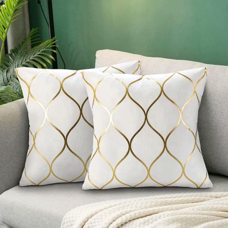 Housse de Coussin Blanc et Doré 40x40 - Taies d'Oreiller en Velours - Coussins de Canapé Décoratifs - Lot de 2 - Souples et Dorées - Housses de Coussin Blanc pour Canapé-Lit de Salon (1/5)