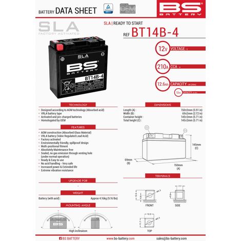 Batterie BS BT14B-4 (FA) (YT14B4) 12V 12AH 150X69X145 SANS ENTRETIEN - À INOXYDABLE (210A) (4)