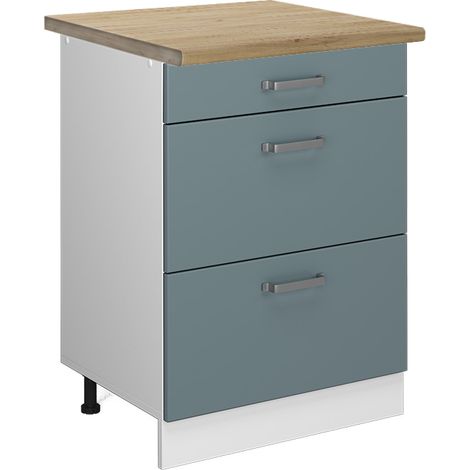 Meuble cuisine R-Line, Bleu-gris, 60 cm avec tiroirs, PT Chêne, Vicco